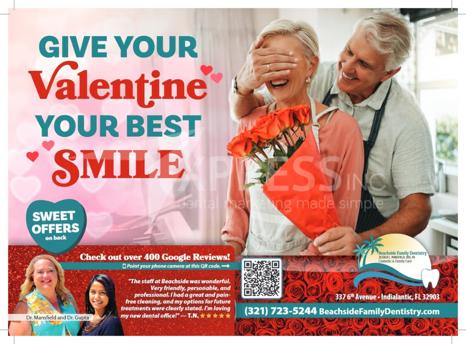 Dental Wellness Center advertisement with a person eating an apple, a dental implant diagram, and contact information.