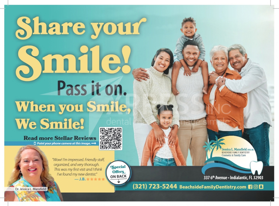 A fall-themed promotional flyer for Montpelier Family Dentistry featuring a family walking outdoors, with contact details.