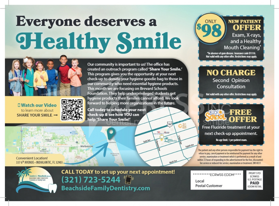 A dental promotion by Smiles by Design, featuring a $149 diagnostic visit, contact info, and office location in Syracuse, NY.