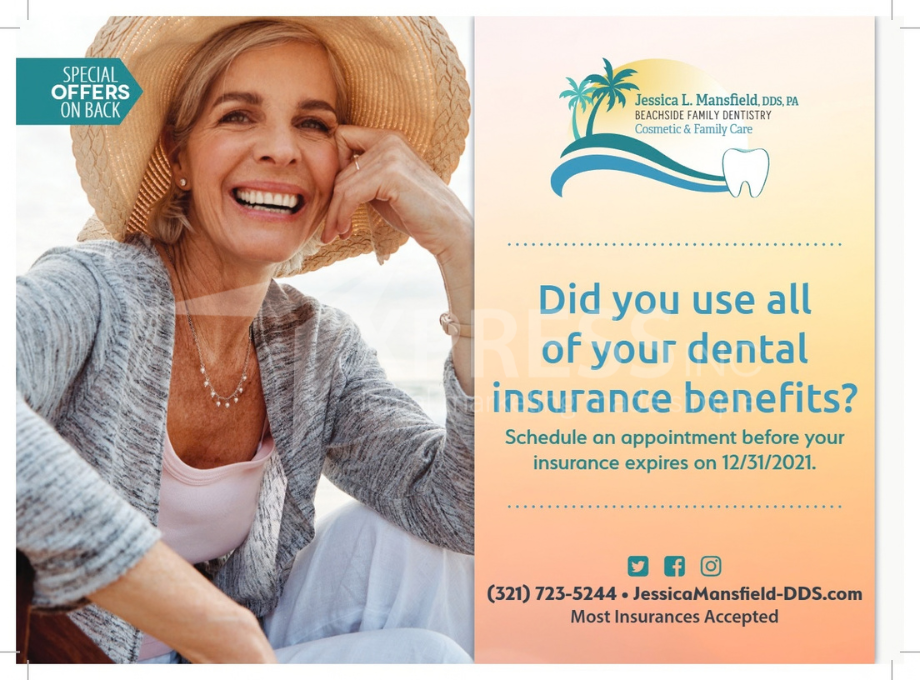 A fall-themed promotional flyer for Montpelier Family Dentistry featuring a family walking outdoors, with contact details.