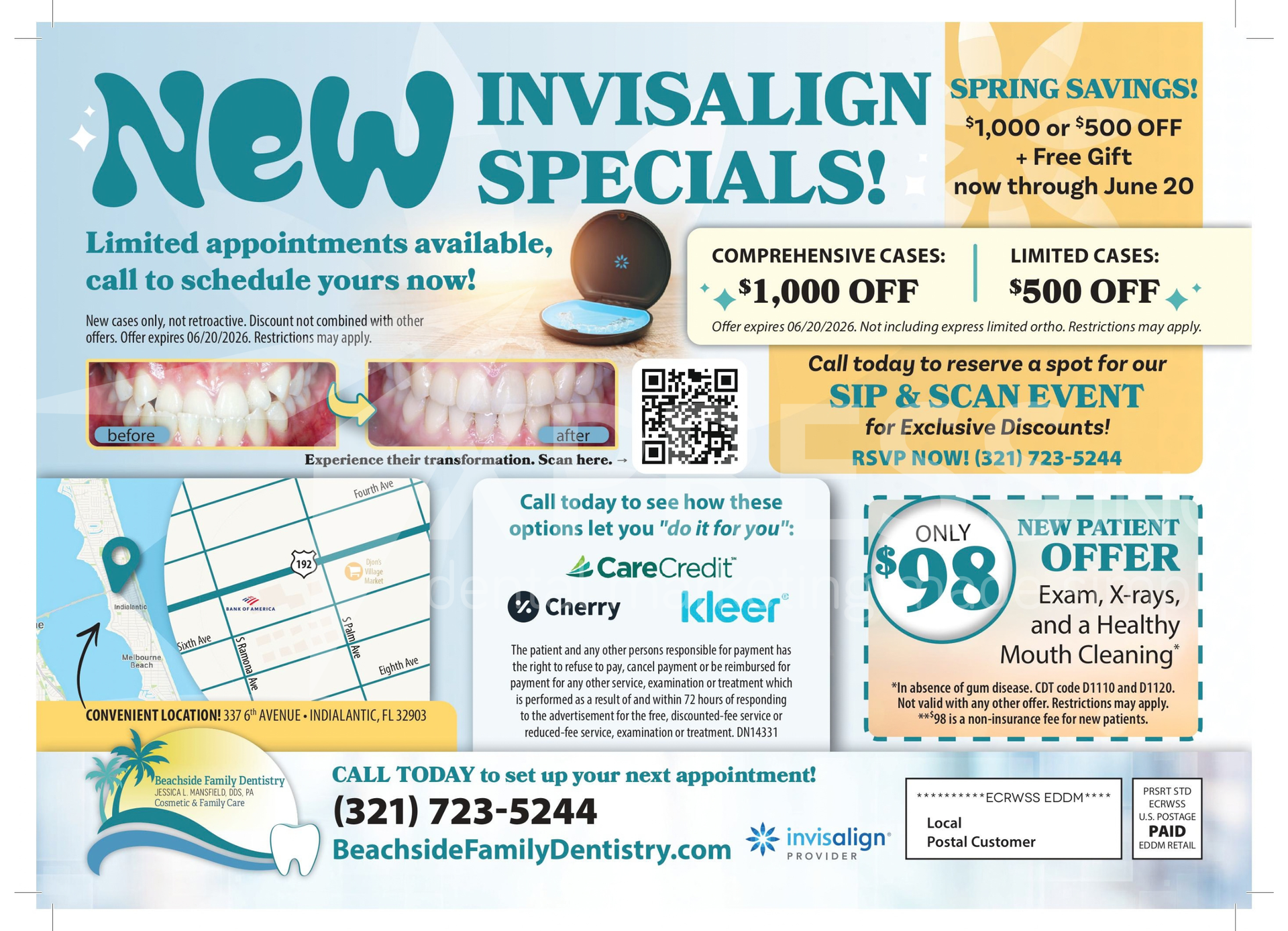 Dental Wellness Center promotional postcard offering $2,000 off implant procedures and a free consultation at (920) 328-0995.