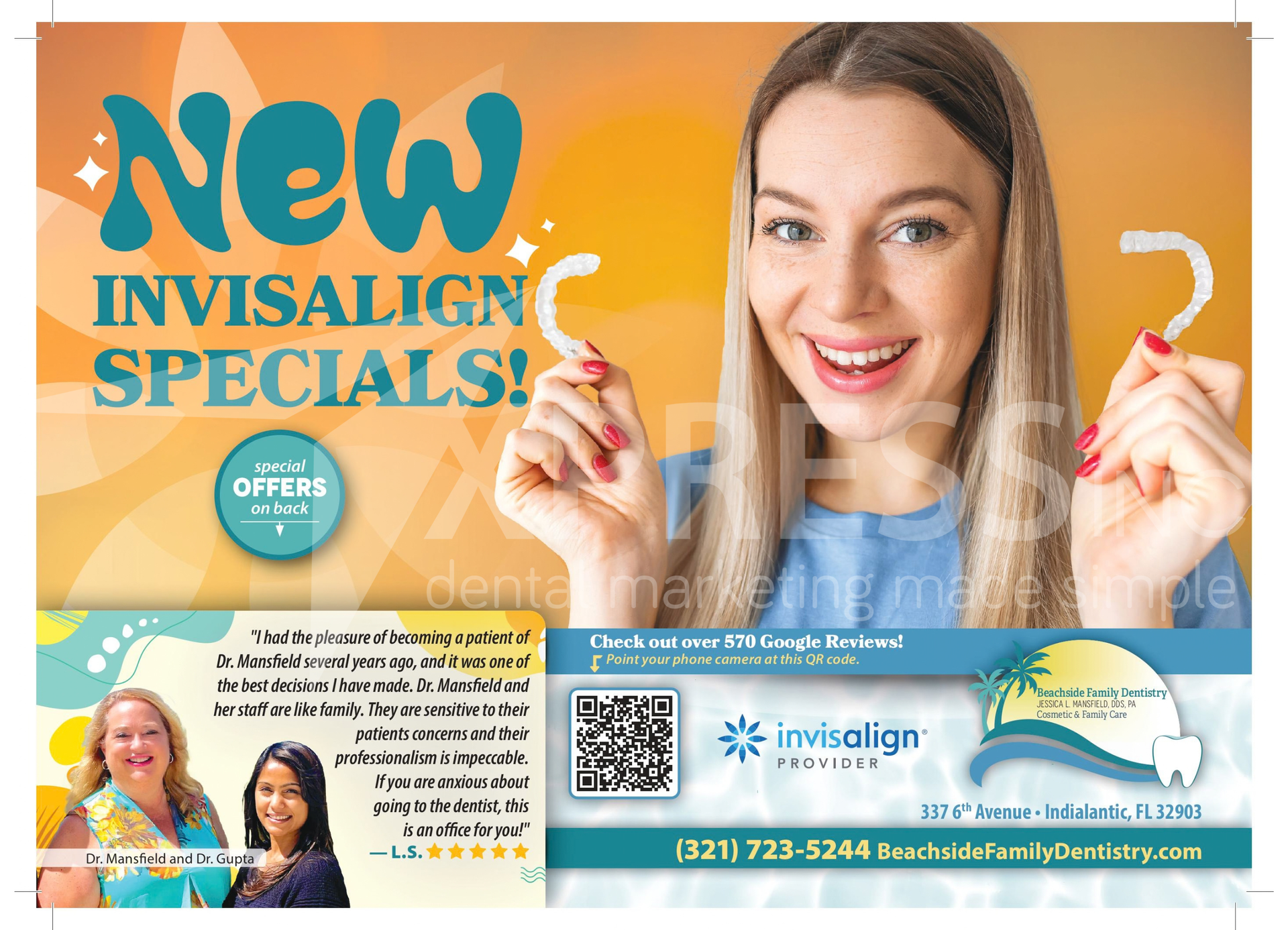 A dental ad featuring a smiling person holding a flower over one eye. Includes contact info and “Special Offers Inside.”
