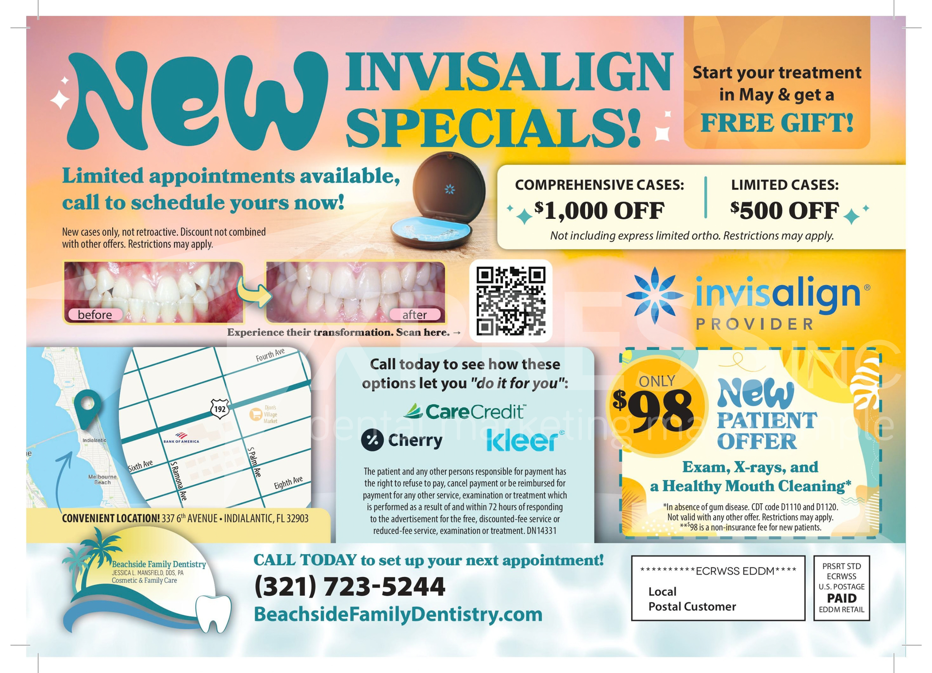 Soul Smiles Dentistry promotional mailer featuring a map, contact info, and special offers for new patients.