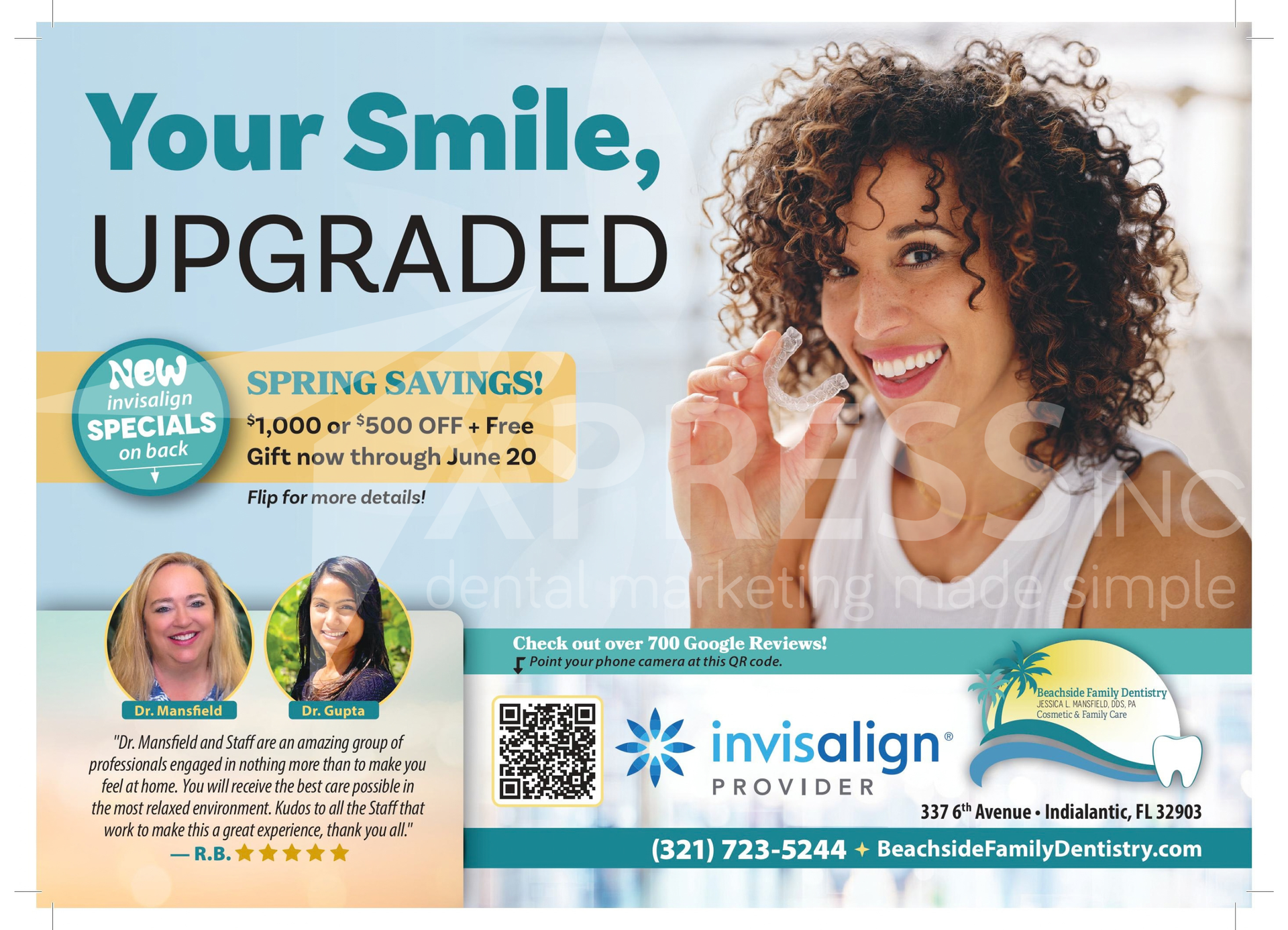 Dental Wellness Center advertisement with a person eating an apple, a dental implant diagram, and contact information.