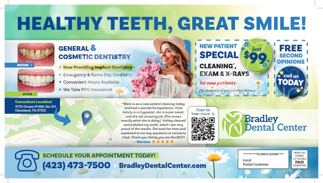 Flyer for Astra Dental Care in Bloomingdale, IL, featuring special offers, contact info, a location map, and website.