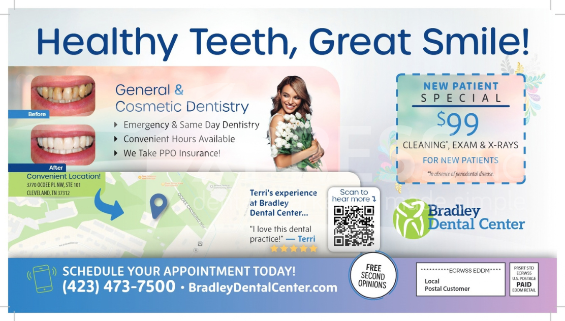 Promotional postcard for Core Dentistry, featuring a $59 new patient special, contact info, and map for their Fort Mill office.