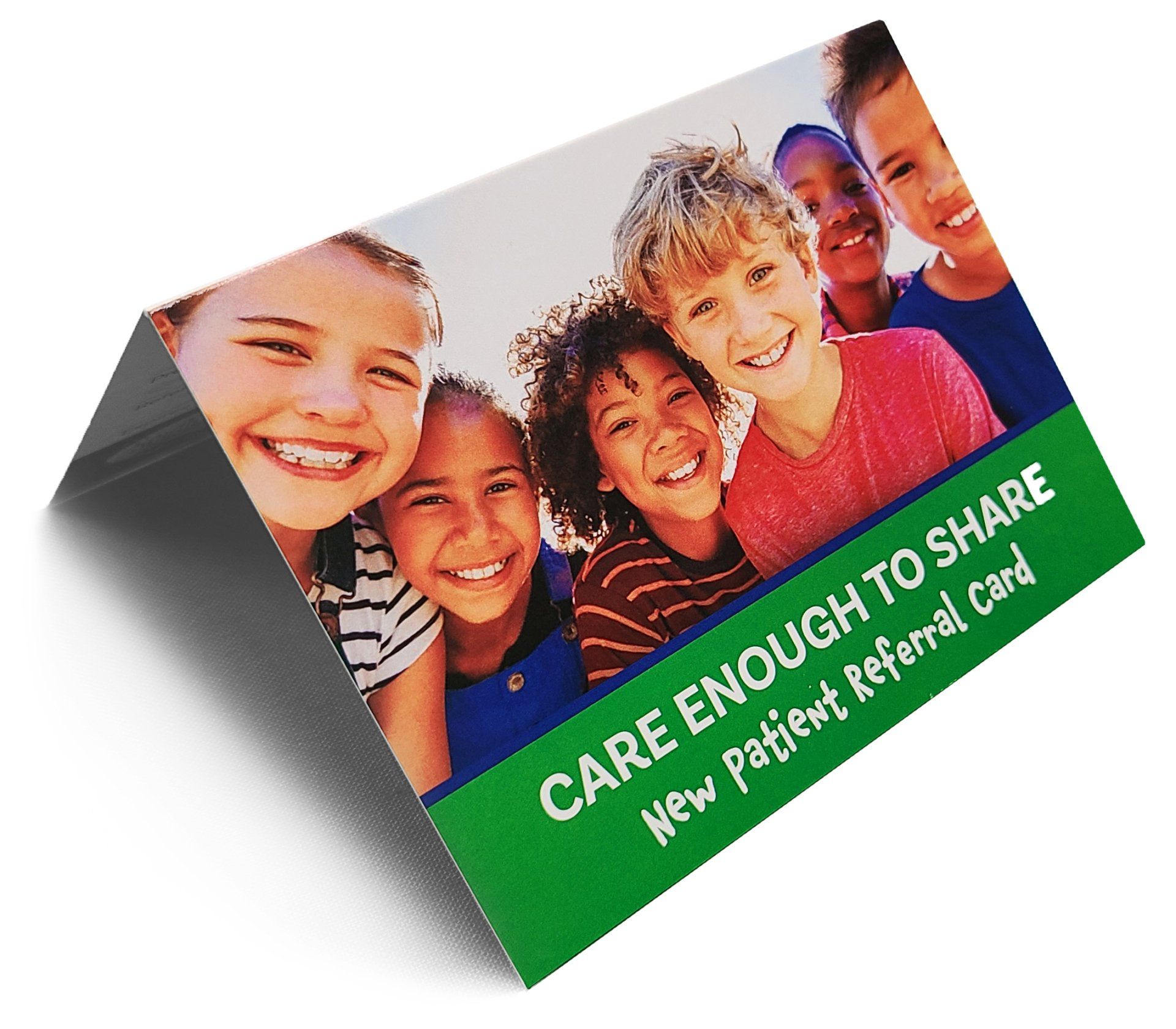A folded promotional card featuring a group of smiling children above a green banner reading 