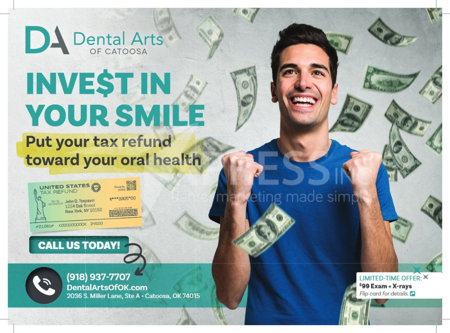Grand opening flyer for Astra Dental Care in Bloomingdale, IL, featuring Dr. Shamil Shafi and a special offer.
