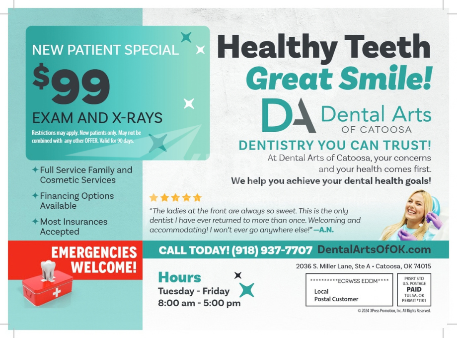 Flyer for Astra Dental Care in Bloomingdale, IL, featuring special offers, contact info, a location map, and website.