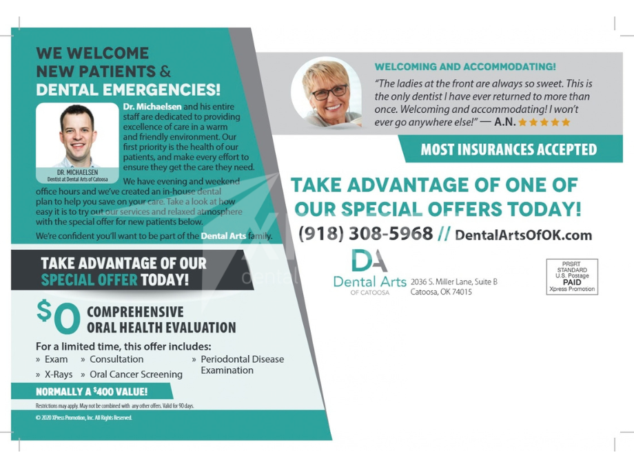 A dental promotion by Smiles by Design, featuring a $149 diagnostic visit, contact info, and office location in Syracuse, NY.