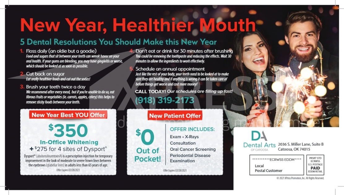 Dental marketing flyer for Q and A Dental Care featuring a dentist, services list, contact info, and $99 new patient offer.