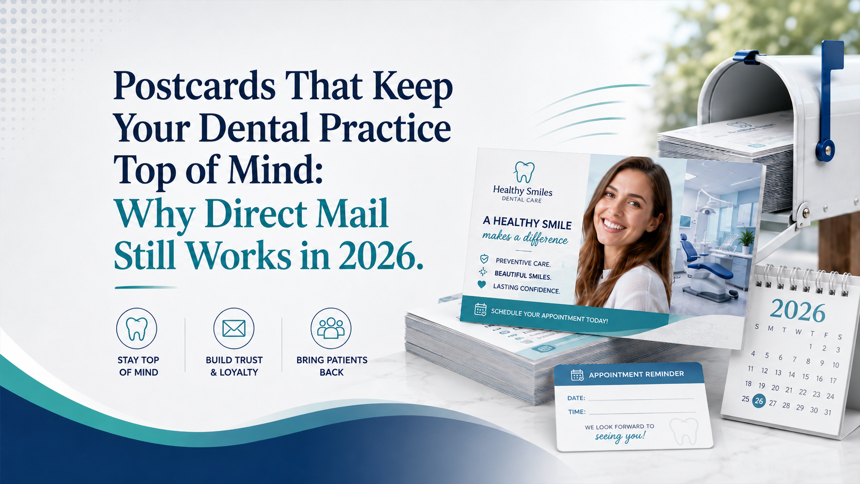 2026 postcard marketing graphic with smiling woman, postcards, envelopes, and calendar on blue-white background