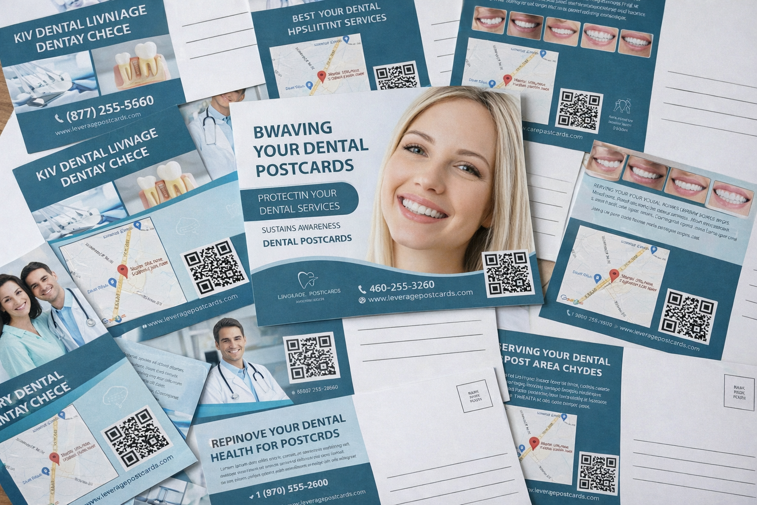 A scattering of dental marketing postcards on a white surface, featuring smiling faces, map graphics, and QR codes.