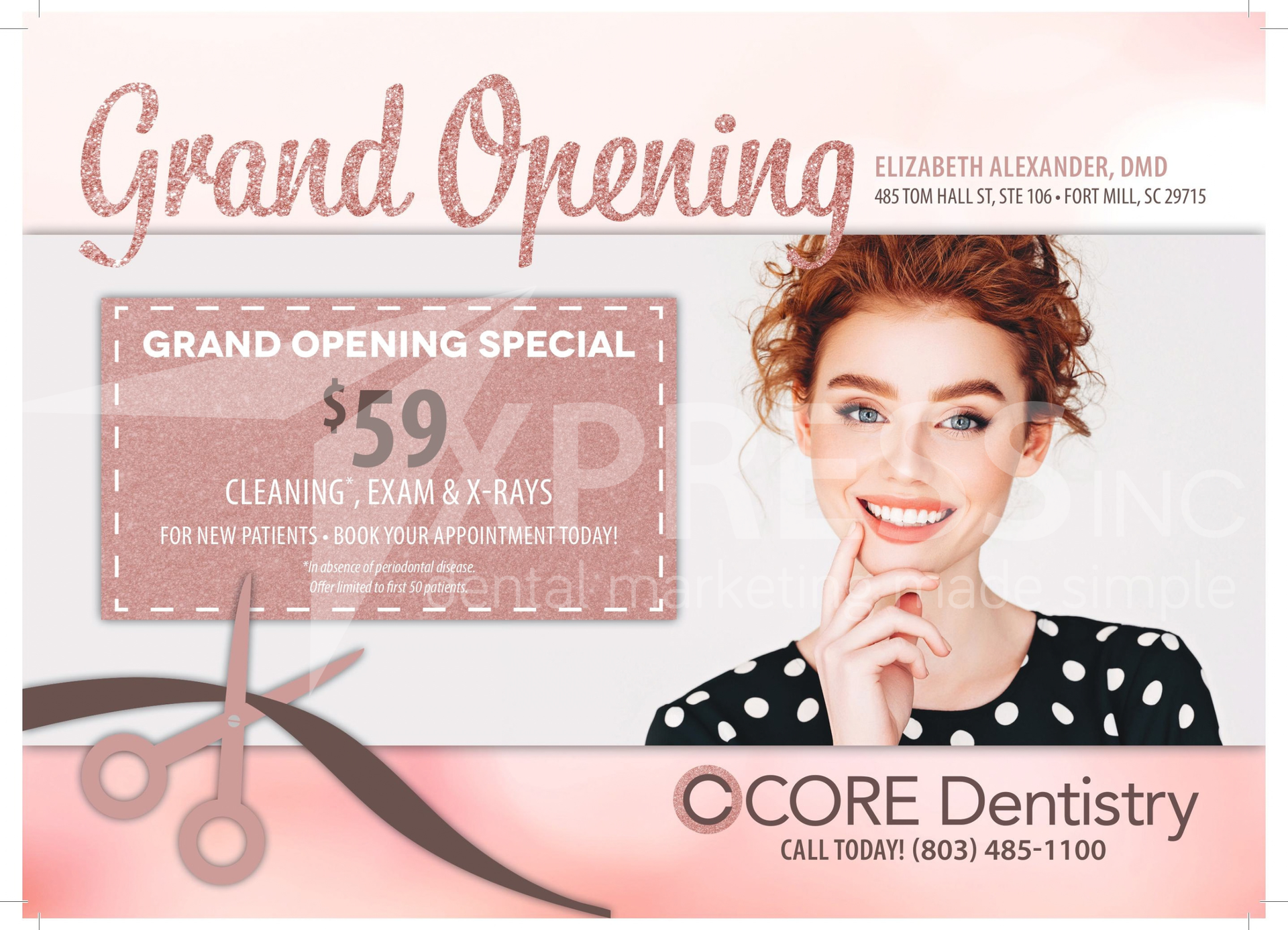 A Q&A Dental Care promotional ad with a smiling family, phone number (330)-621-0118, and address on a yellow background.