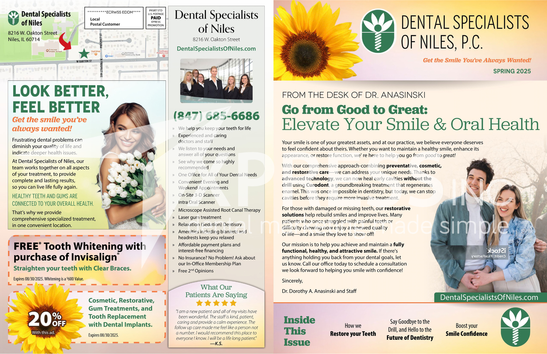A fall-themed promotional flyer for Montpelier Family Dentistry featuring a family walking outdoors, with contact details.