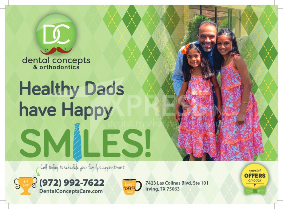 A dental office advertisement featuring staff posing in front of their building, with business contact info and a QR code.