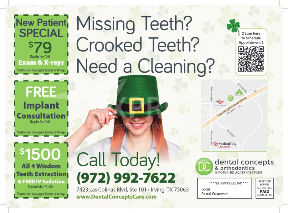Promotional flyer for Bella Dental, featuring a dentist, office details, contact info, and special patient offers.