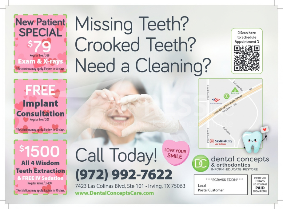 Promotional flyer for ABC Family Dentistry offering dental implants, contact information, a map, and special offers.