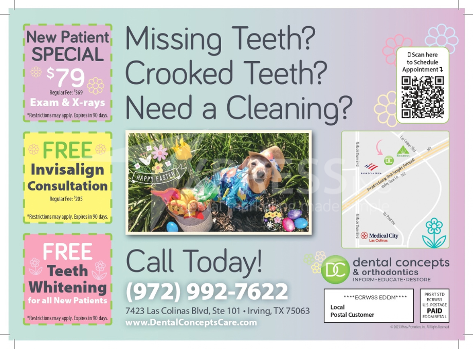 A dental advertisement for Smile Creators featuring a doctor, patient testimonial, contact details, and special offers.