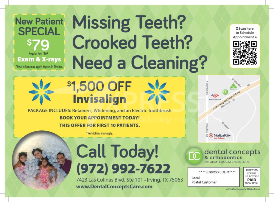 A dental advertisement for Smile Creators featuring a doctor, patient testimonial, contact details, and special offers.