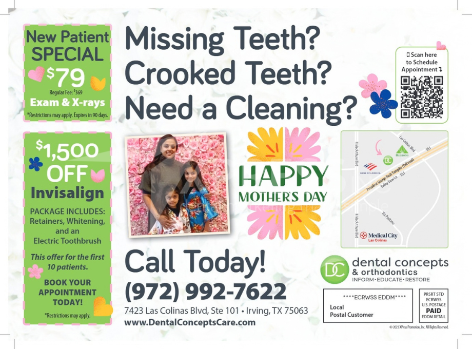 A dental promotion by Smiles by Design, featuring a $149 diagnostic visit, contact info, and office location in Syracuse, NY.
