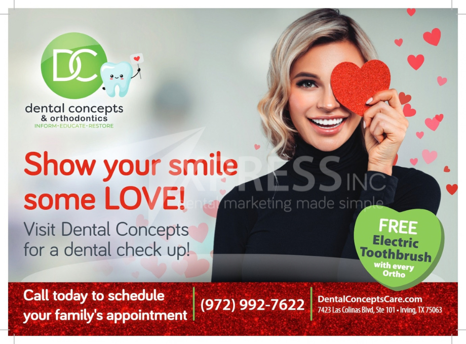 Dental implant advertisement featuring a smiling person holding a phone and contact information for ABC Family Dentistry.