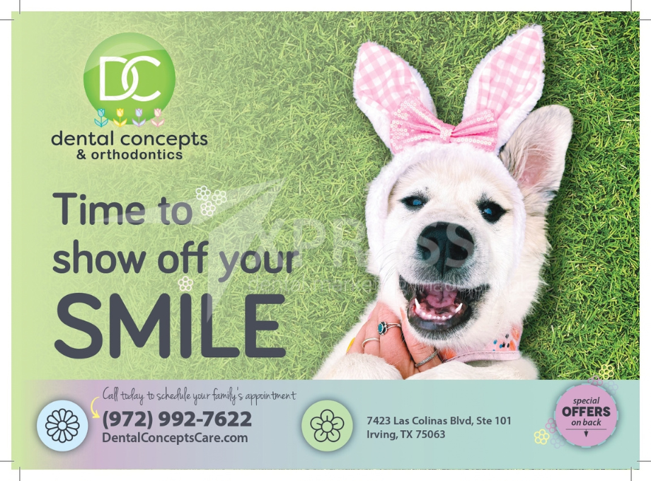 A dental office advertisement featuring staff posing in front of their building, with business contact info and a QR code.