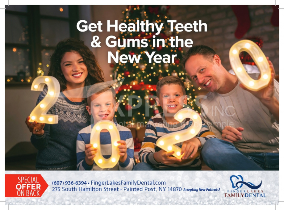 A dental ad featuring a smiling person holding a flower over one eye. Includes contact info and “Special Offers Inside.”