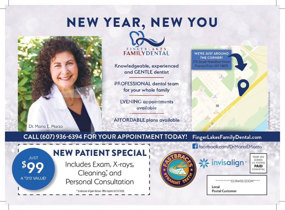 Dental marketing flyer for Q and A Dental Care featuring a dentist, services list, contact info, and $99 new patient offer.