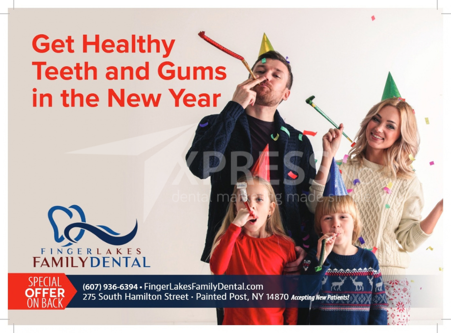 A Q&A Dental Care promotional ad with a smiling family, phone number (330)-621-0118, and address on a yellow background.