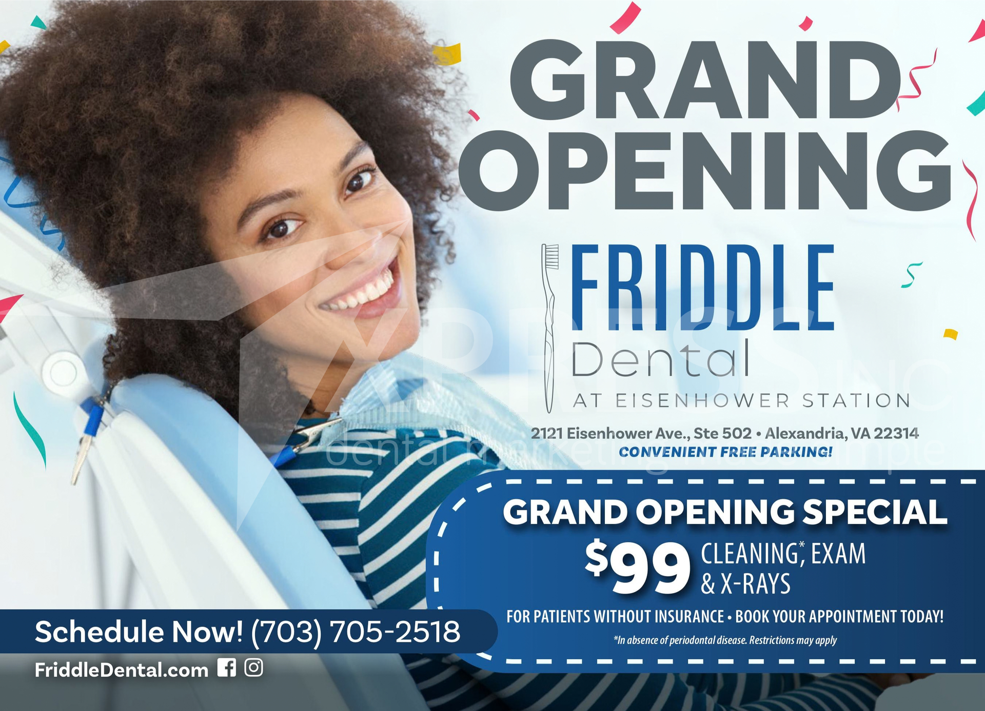 A dental ad featuring a smiling person holding a flower over one eye. Includes contact info and “Special Offers Inside.”