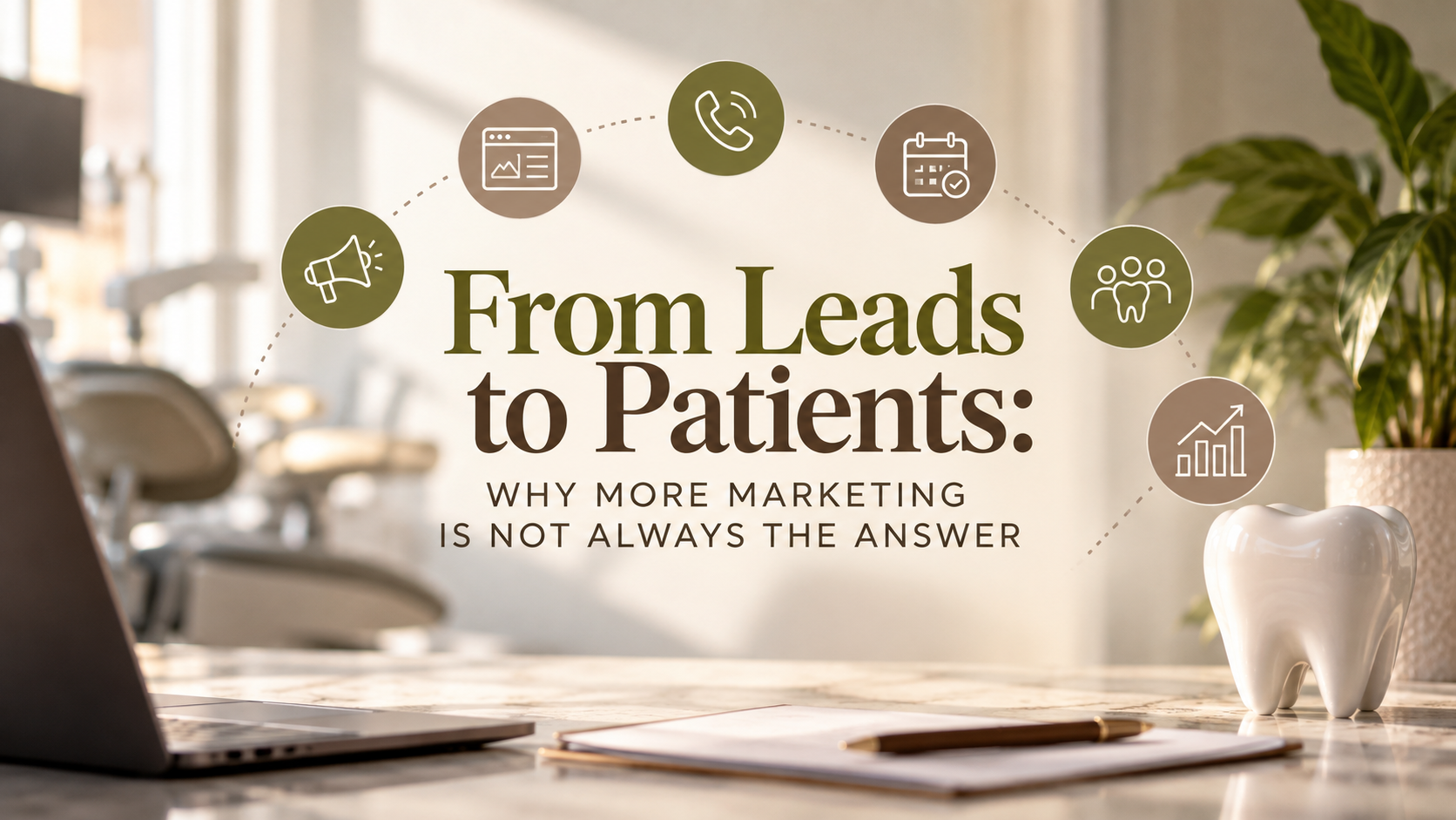 Desk scene with laptop and coffee cups, overlaid text: “From Leads to Patients: Why More Marketing Isn’t Always the Answer”