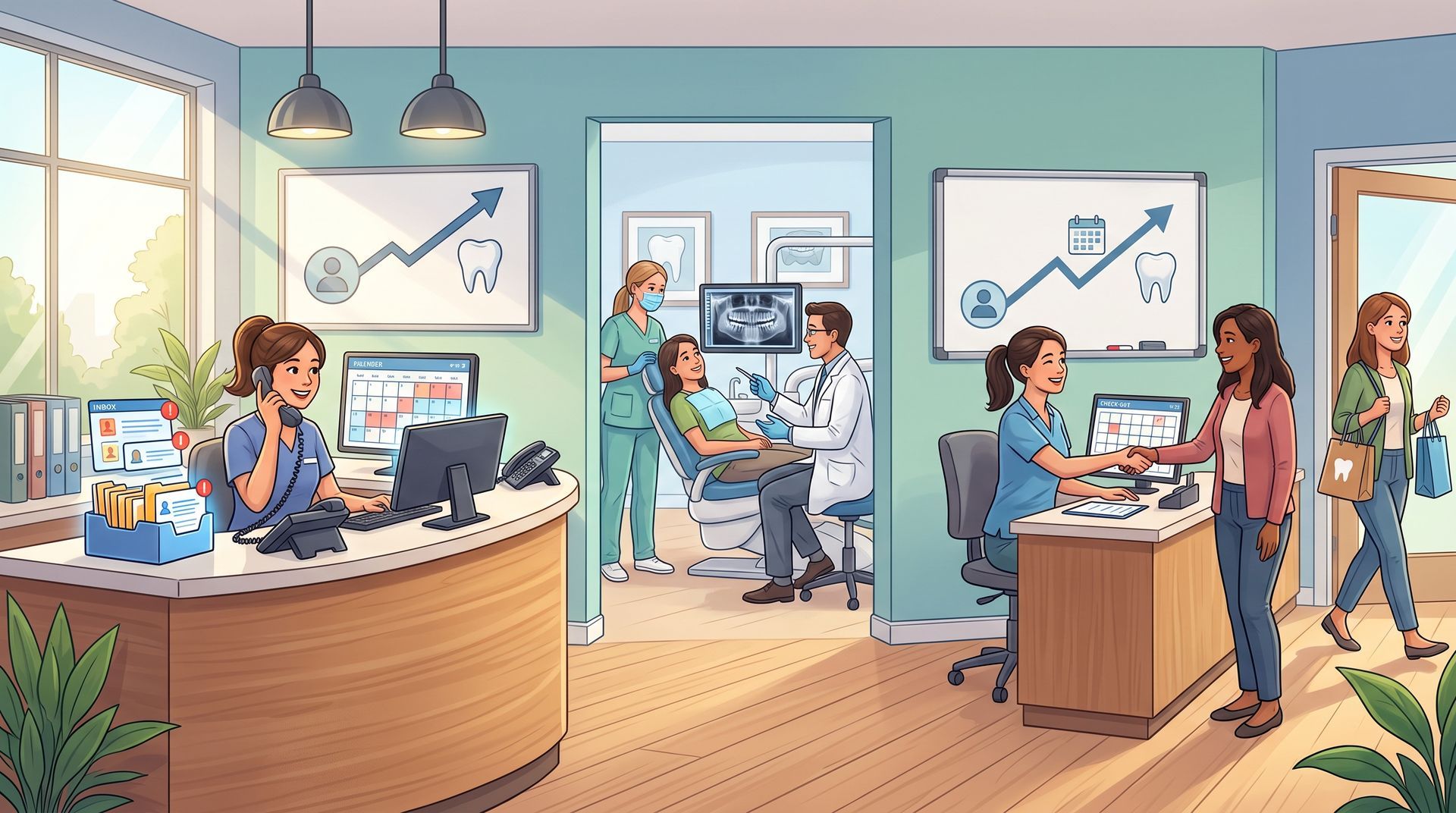 Office workers collaborating in a bright, modern workspace with computers and charts on the walls