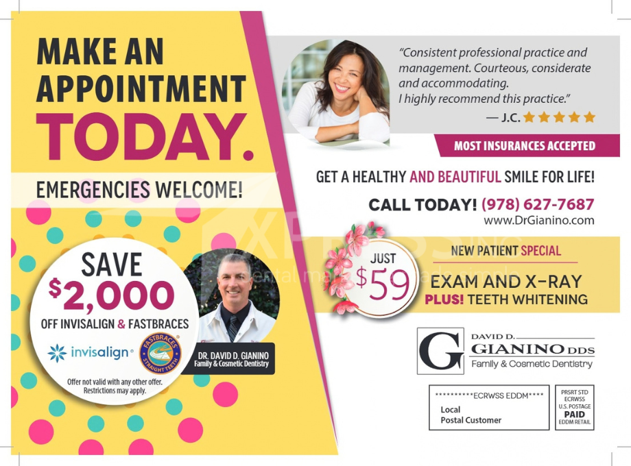 A postcard announcing the opening of Friddle Dental in Alexandria, VA, featuring a grand opening offer and office hours.