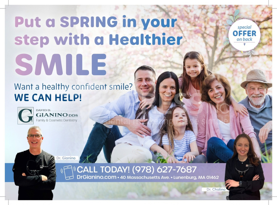 Grand opening flyer for Hometown Dental featuring special discounts, contact information, and address.