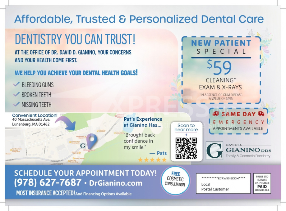 Promotional flyer for Hometown Dental featuring grand opening offers, contact info, location, and staff photos.