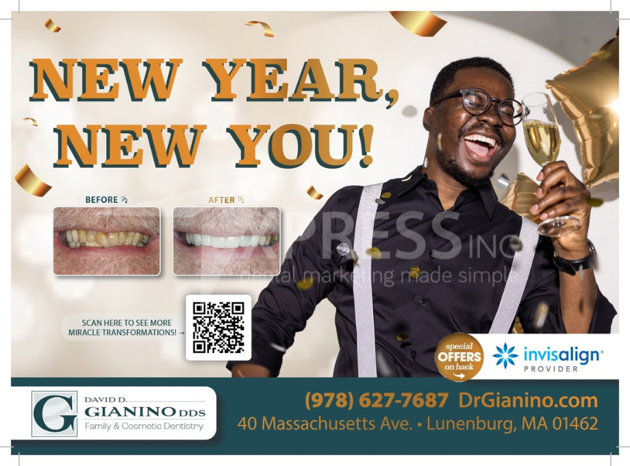 A dental ad featuring a smiling person holding a flower over one eye. Includes contact info and “Special Offers Inside.”