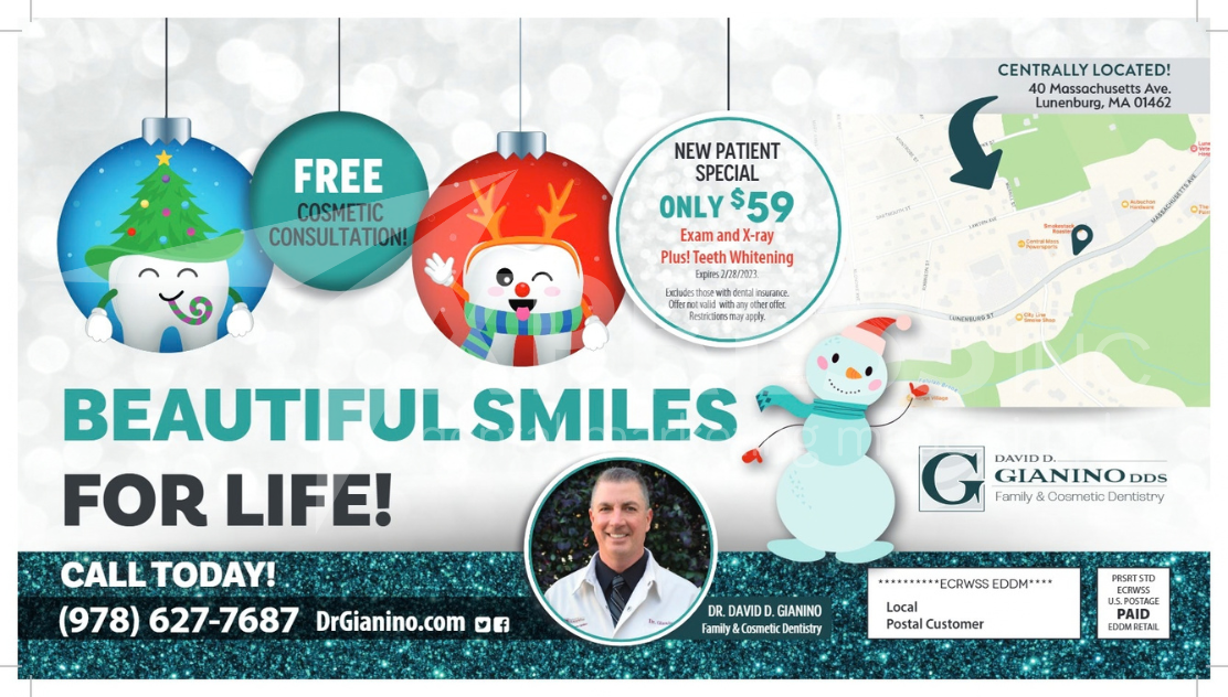 Dental advertisement for Guru Dentistry featuring two professionals, service offerings, contact info, and a QR code.