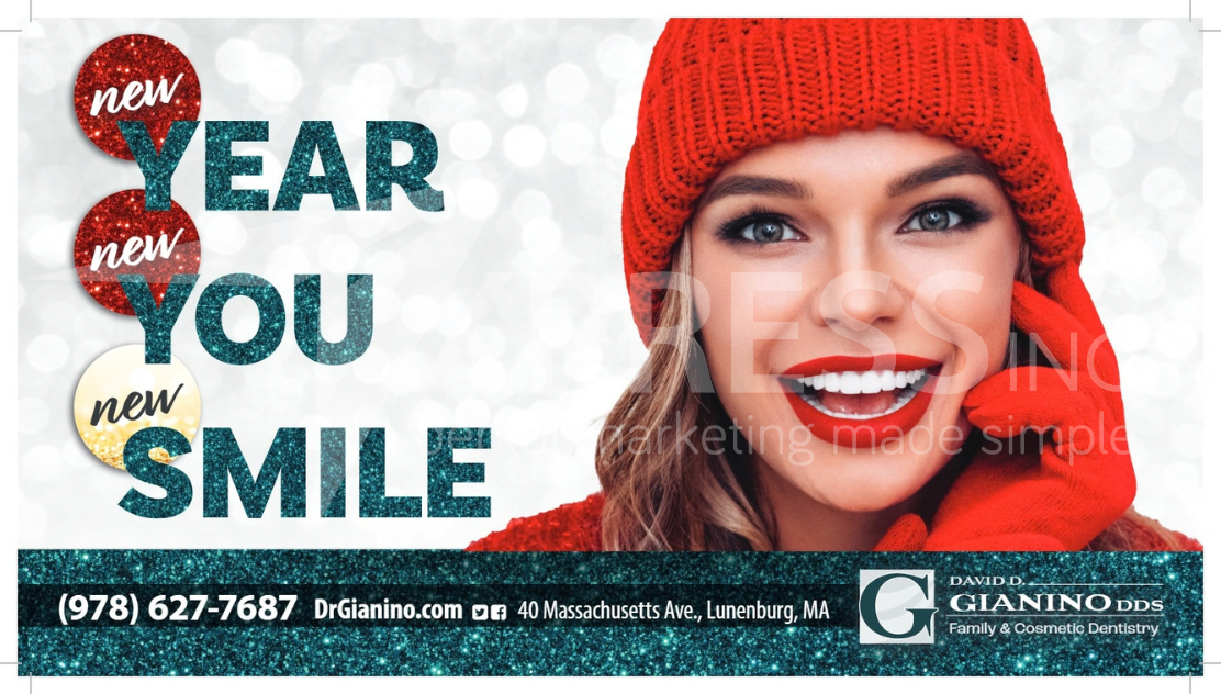 A dental office advertisement featuring six staff members smiling next to text, contact information, and a company logo.