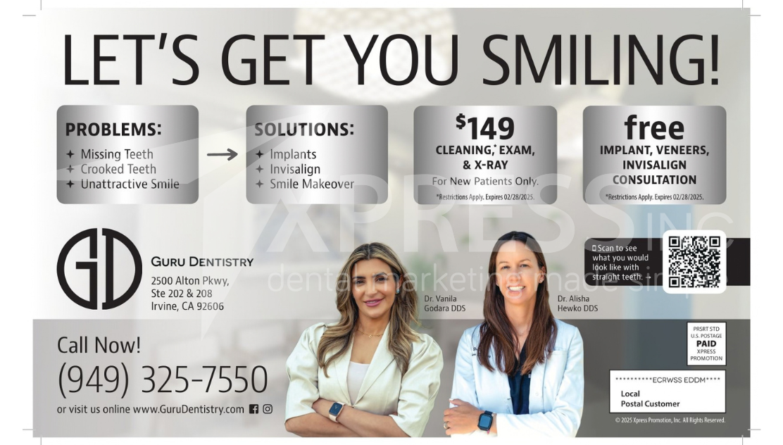 Promotional postcard for Core Dentistry, featuring a $59 new patient special, contact info, and map for their Fort Mill office.