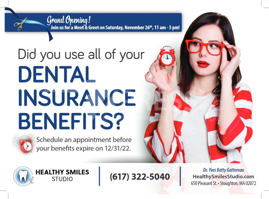 A fall-themed promotional flyer for Montpelier Family Dentistry featuring a family walking outdoors, with contact details.
