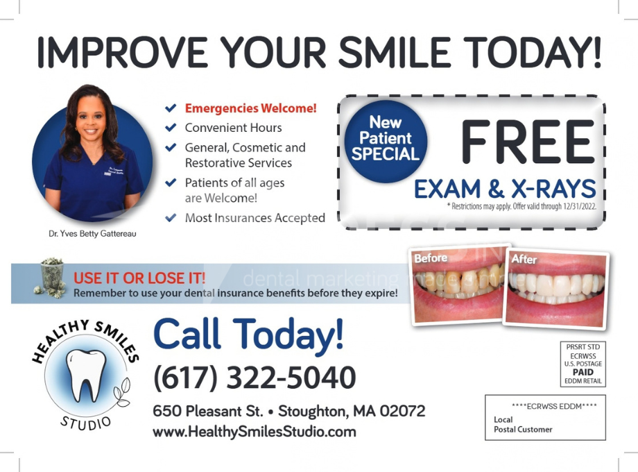 Promotional flyer for Montpelier Family Dentistry, listing services, a new patient offer, location, and contact information.