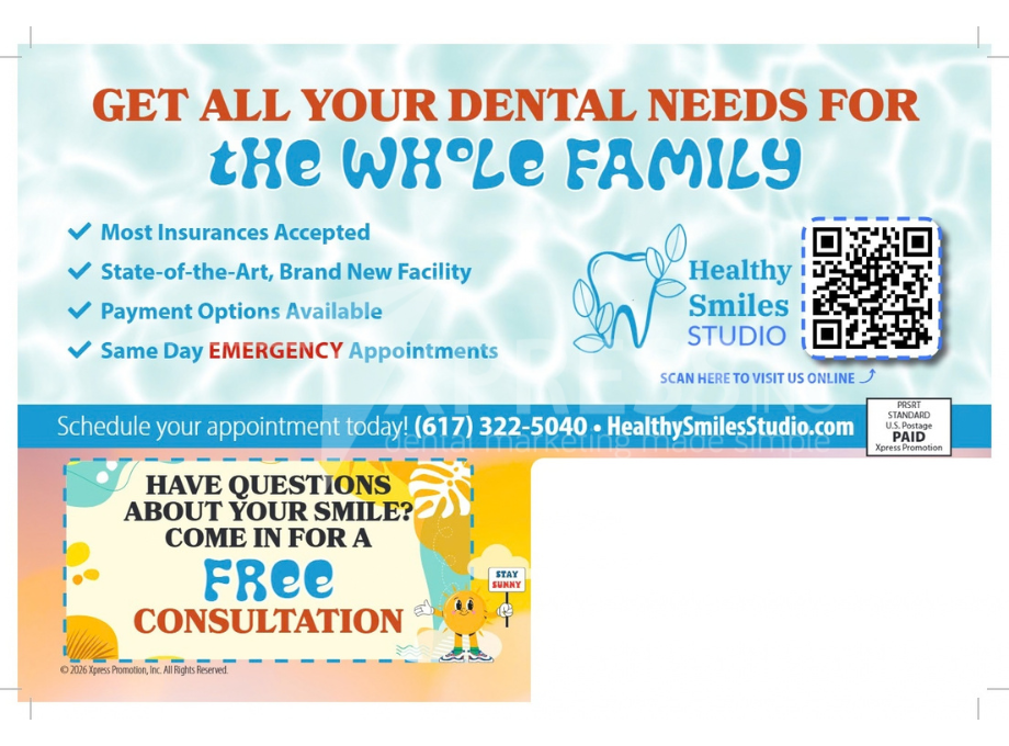 A dental promotion by Smiles by Design, featuring a $149 diagnostic visit, contact info, and office location in Syracuse, NY.
