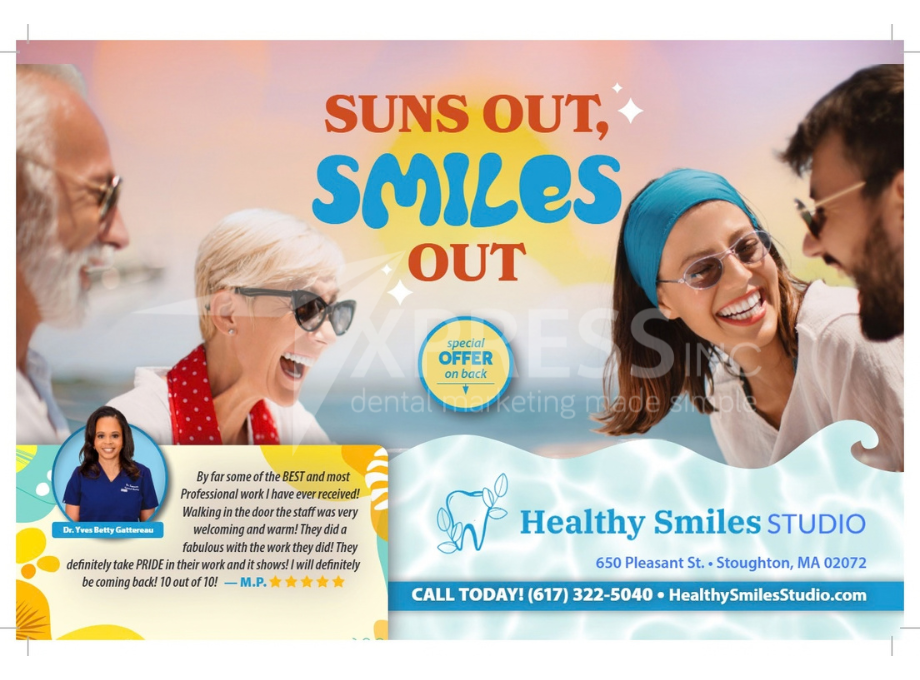 A smiling family in winter gear promotes Smiles By Design. Contact info: (315) 417-8784, 1304 Buckley Rd, and SmilesBD.com.