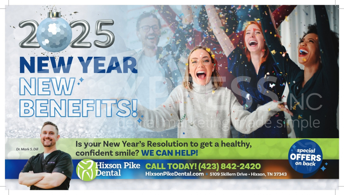 A woman carrying a happy child on her back. Promotional dental ad with text: 