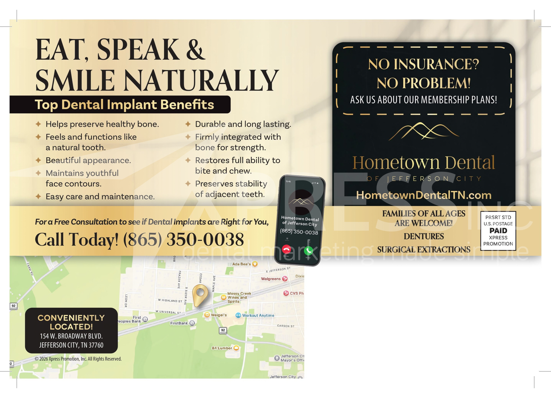 Dental office mailer promoting a $99 new patient special, membership plans, location details, and contact information.
