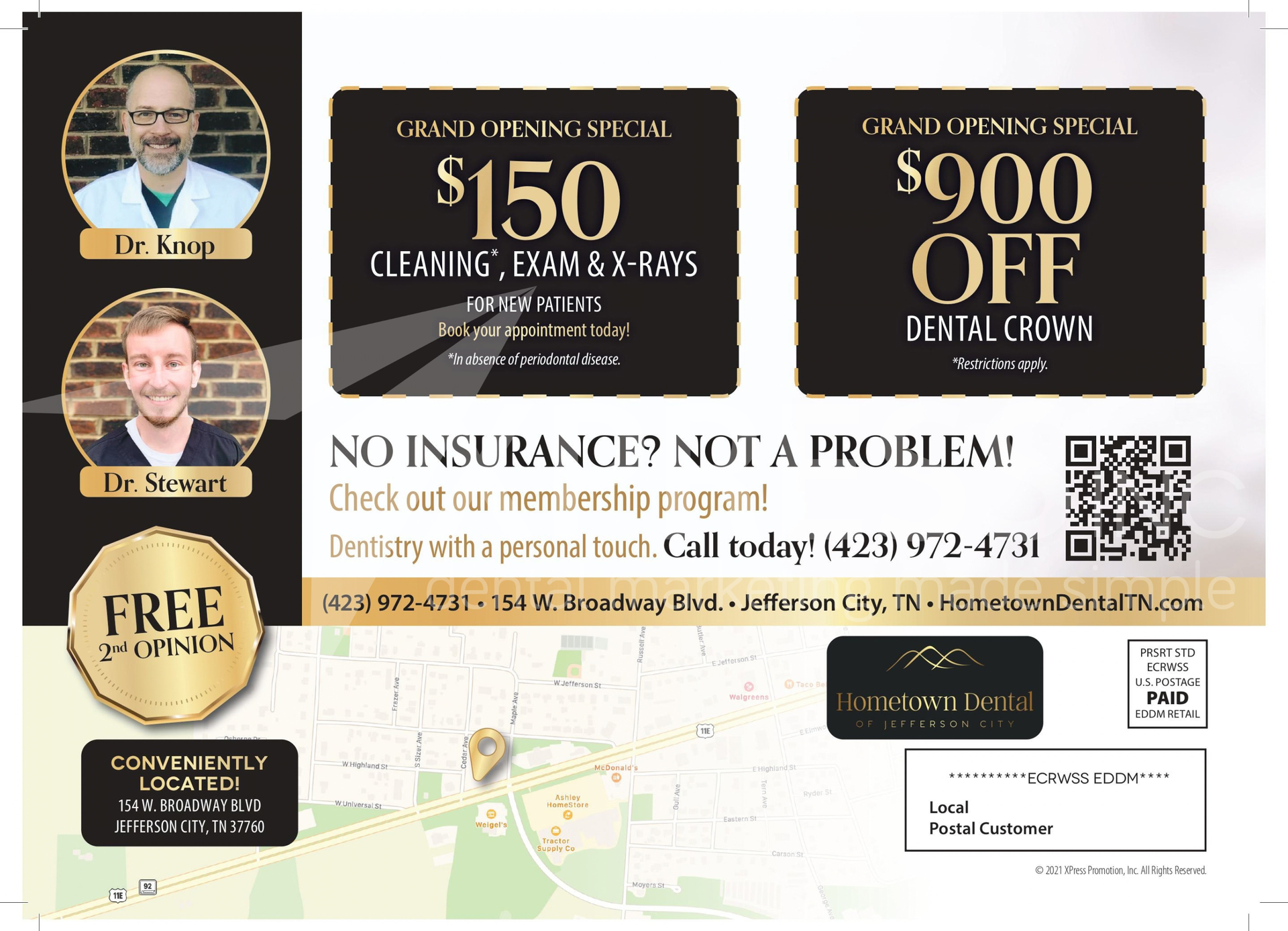 Dental advertisement for Guru Dentistry featuring two professionals, service offerings, contact info, and a QR code.