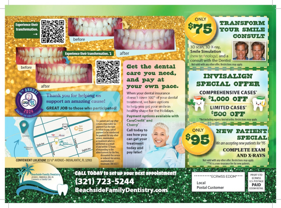 Dental office mailer promoting a $99 new patient special, membership plans, location details, and contact information.