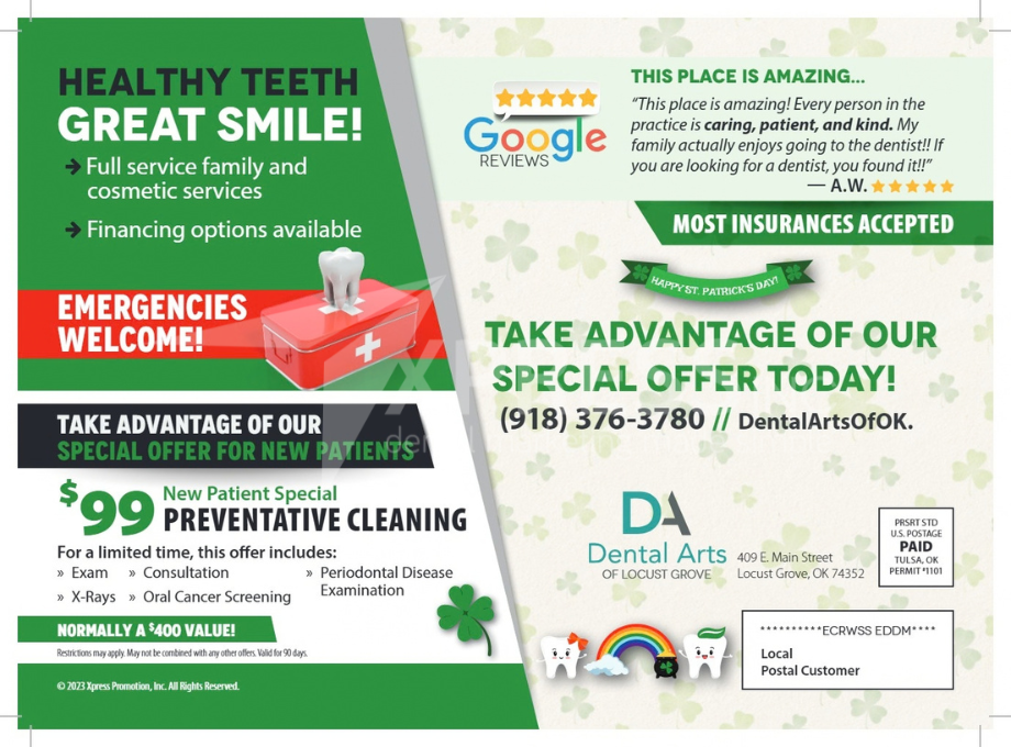 Promotional flyer for Bella Dental, featuring a dentist, office details, contact info, and special patient offers.