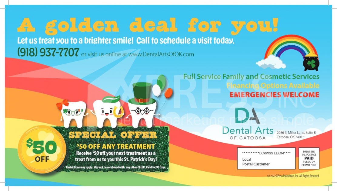 Dental office mailer promoting a $99 new patient special, membership plans, location details, and contact information.